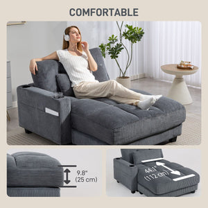 58" Chaise Lounge Indoor, Oversized Corduroy Sofa Bed with 2 Cup Holders, Pillow, Deep Seat Sleeper Couch, Dark Grey
