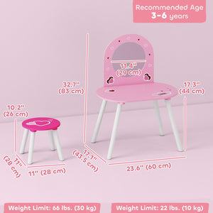 Qaba Kids Dressing Table with Mirror and Stool, Girls Vanity Set for Bedroom, Nursery, for Ages 3-6, Pink