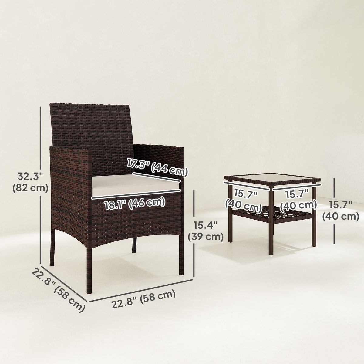 Wicker Bistro Set, 3 Piece Patio Furniture Set with 2-Tier Glass Top Table, Cushions for Balcony, Porch, Beige