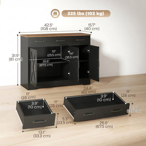 Sideboard Buffet Cabinet, 43" Farmhouse Kitchen Cabinet with 3 Barn Doors, 2 Drawers, 2 Adjustable Shelves, Black