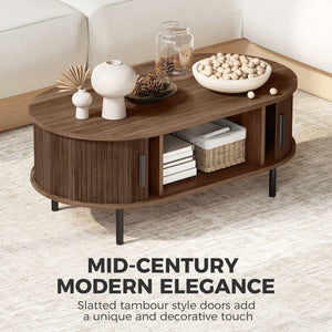 Coffee Table with Sliding Tambour Doors and Storage Center Table with Metal Legs, 39", Brown