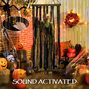 Animatronics Hanging Skeleton Reaper in Cage, Voice-Activated Prop with Flashing Eyes, Easy Setup Indoor