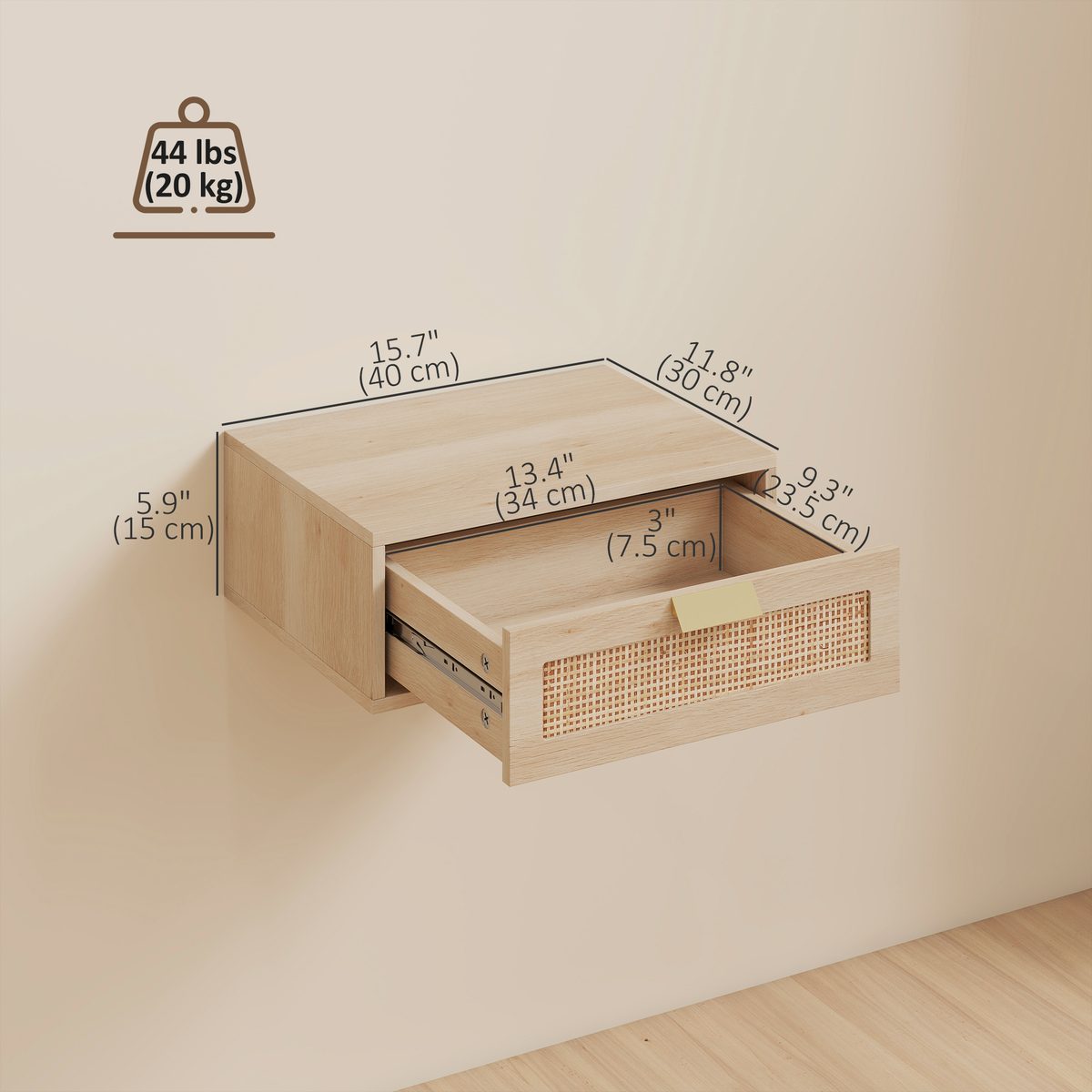 Floating Bedside Tables Set of 2, Wall Mounted Nightstands with Rattan Drawer and Wood Effect, Oak