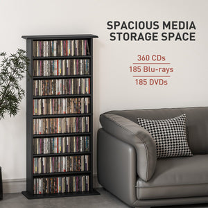 8-Tier DVD Shelf with 6 Adjustable Shelves, Slim CD Shelf, Holds 360 CDs, 185 DVDs or 185 Blu-rays, Black