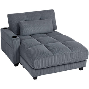 58" Chaise Lounge Indoor, Oversized Corduroy Sofa Bed with 2 Cup Holders, Pillow, Deep Seat Sleeper Couch, Dark Grey