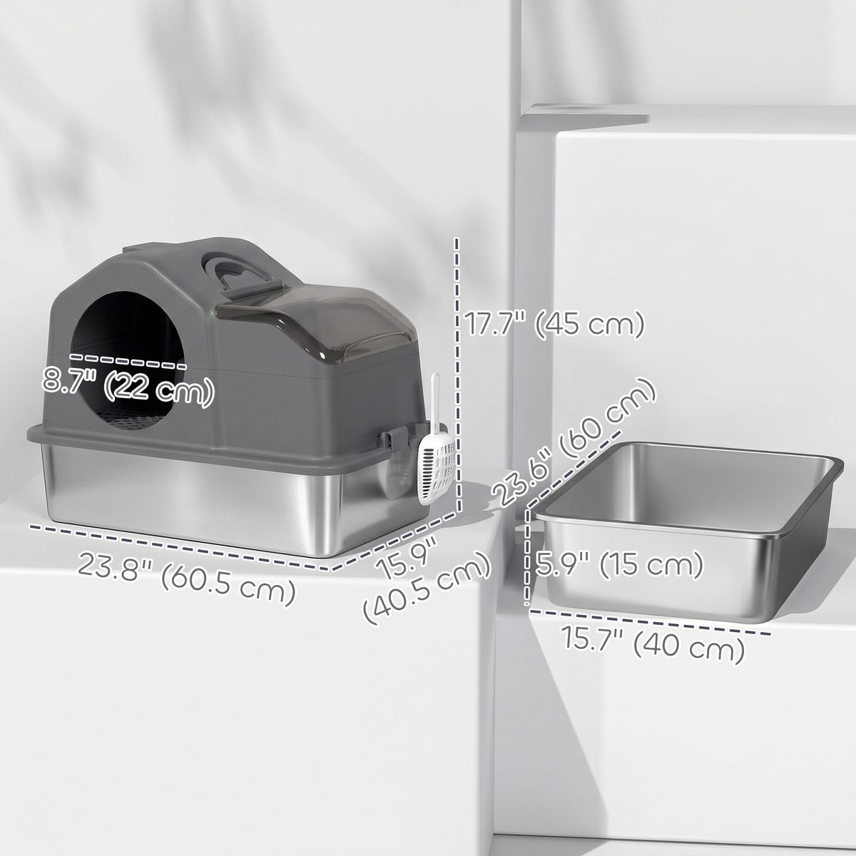 Extra Large Stainless Steel Cat Litter Box w/ High Sided, Removable Lid, Scoop, Odor Free, Non-Sticky, Dark Grey