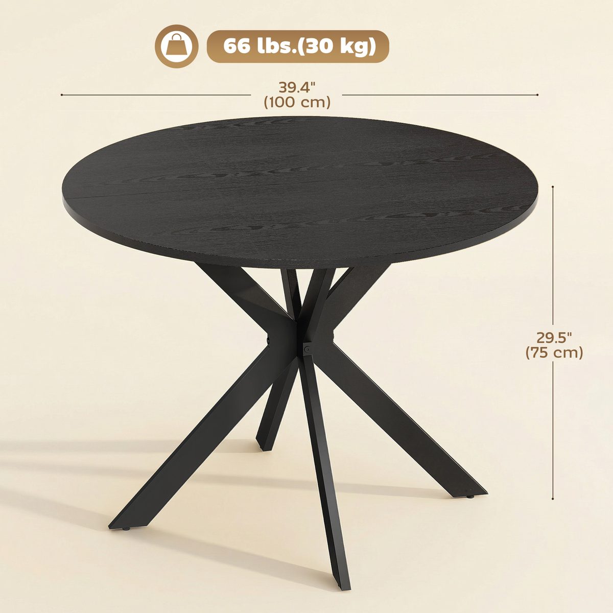 39" Dining Table, Contemporary Round Kitchen Table with Steel Legs, Black Wood Grain