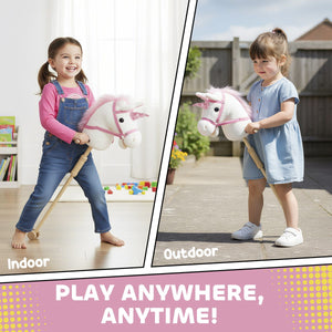 Qaba Unicorn Stick Horse, Plush Hobby Horse with Wood Wheels, Real Pony Neighing and Galloping Sounds, for Kids, White