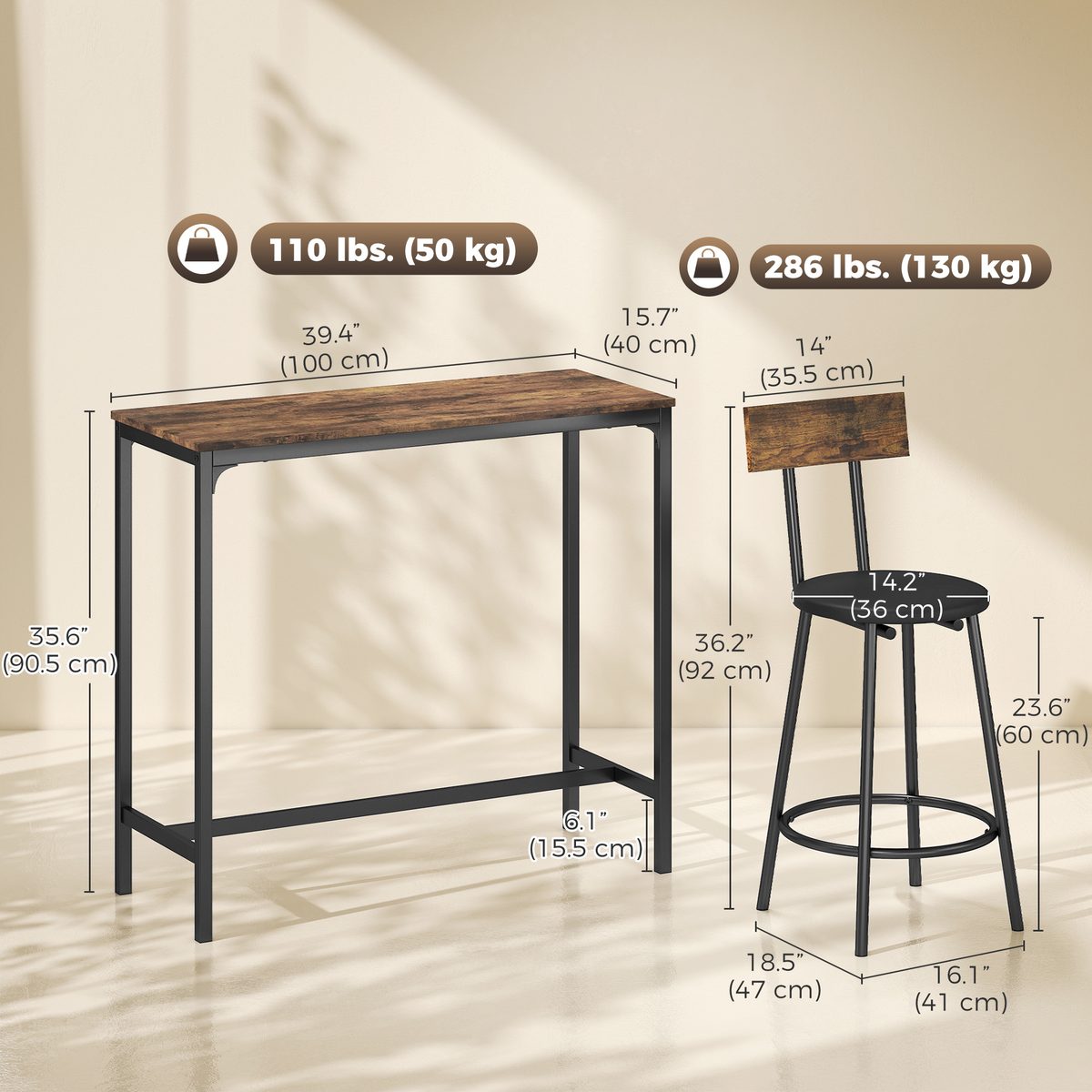 Bar Table Set Counter Height Barstools Set of 2 PU Cushioned Seats Rustic Brown