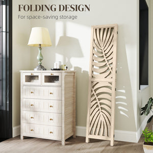 3 Panel Room Divider, Detachable Folding Privacy Screens with Palm Leaf Design for Home Office, Natural Wood Finish