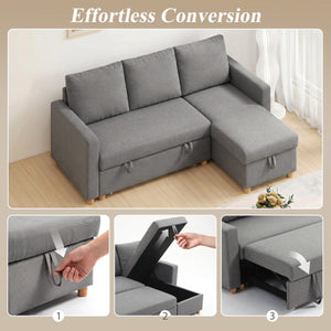 83" Sofa Bed, Pull Out Sleeper L Shaped Sectional Couch with Reversible Storage Chaise, Wide and Deep Seat, Light Grey