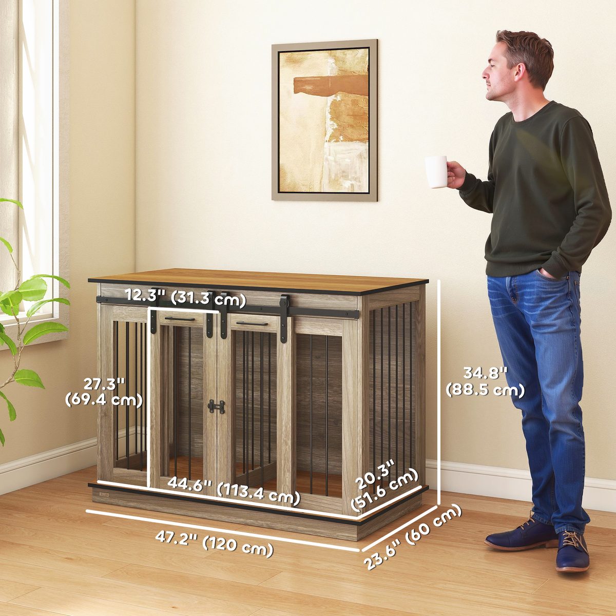 47in Dog Crate Furniture with Divider Panel, Wooden Dog Kennel TV Stand for Large Dogs, Pet House Side Table for 2 Small Dogs with Two Rooms Design, 2 Sliding Doors, Oak