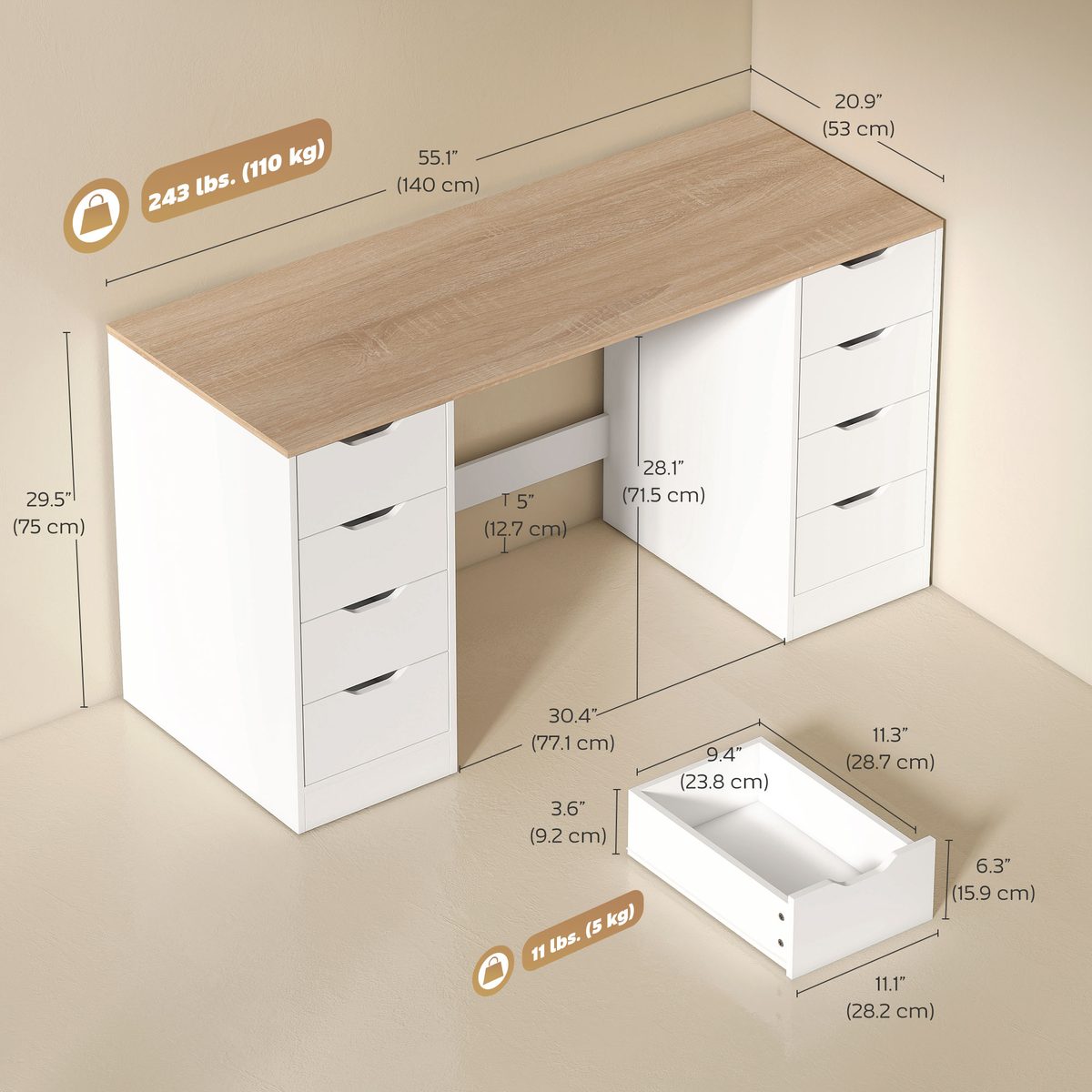 Desk with 8 Drawers, 55.1"W × 20.9"D × 29.5"H Modern Computer Desk for Office, Living Room, White