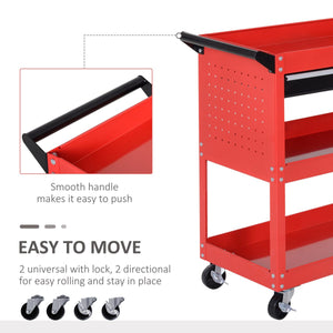 Tool Cart on Wheels, Utility Cart with Wheels, Ball Bearing Drawer, Storage Trays for Garage, Warehouse, Workshop, Red