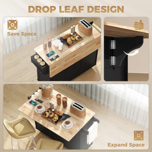 Kitchen Island on Wheels with Drop Leaf, Charging Station, Rolling Kitchen Cart with Wood Top, Adjustable Shelf, Black