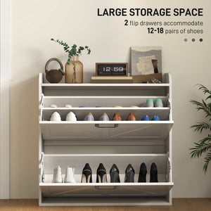 Narrow Shoe Storage Cabinet, Farmhouse Slim Shoe Cabinet with 2 Flip Drawers, Adjustable Shelves, White Oak