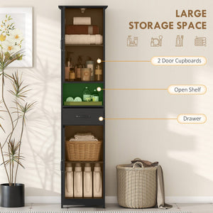 Modern Bathroom Cabinet, Narrow Bathroom Vanities with Open Shelf Drawer Recessed Doors and Adjustable Shelves Black