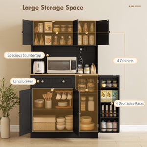 68" Pantry Cabinet with Charging Station, Kitchen Storage Cabinet with Microwave Stand, 4 Door Racks, Black