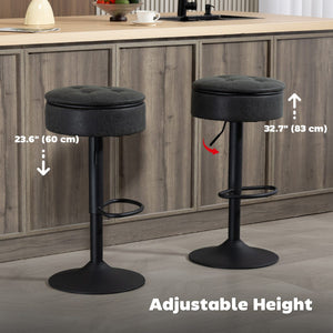 Set of 2 Barstools with Storage, Swivel Bar Stools with PU Leather Upholstered, Footrest, Steel Base, Black