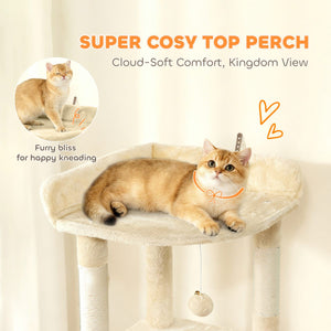 67" Large Cat Tree with 7 Scratching Posts, Tunnel, 2 Condos, Hammock, Perch, Ramp, Pompoms, Beige