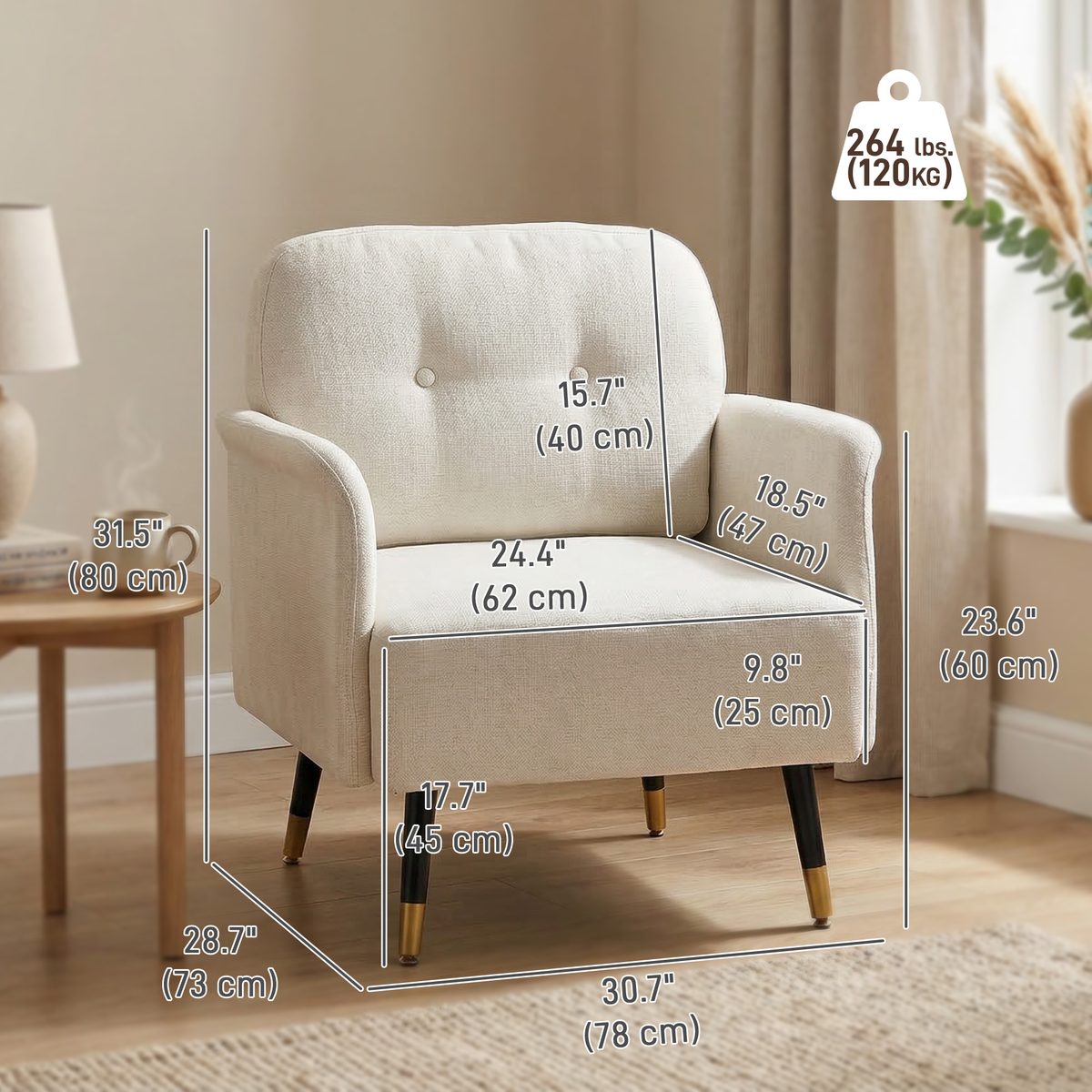 Accent Chair Modern Tufted with Metal Legs Upholstered Reading Armchair for Living Room Cream White