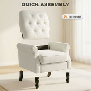 Accent Chair, Mid-Century Modern Armchair with Thick Padded Seat, Spring Cushion, Solid Wood Legs, Cream White