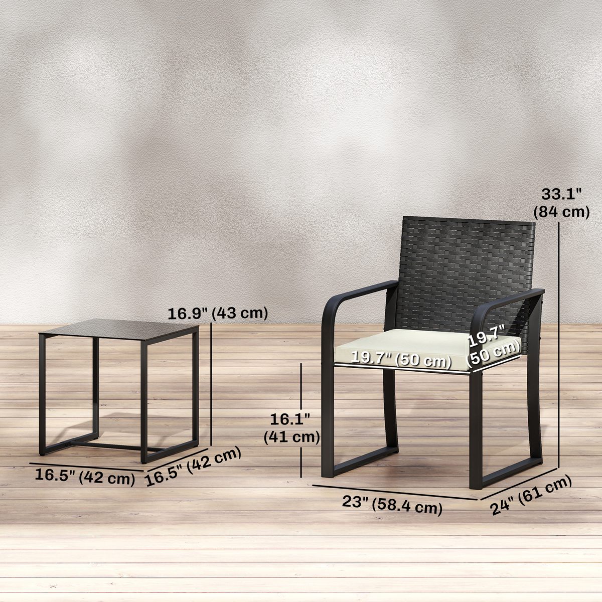 Outdoor Bistro Set, 3 Piece Wicker Patio Furniture with Mesh Seat, Glass Table, Cushions for Porch, Balcony, Cream White
