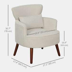 Modern Accent Chair, Upholstered Armchair with Solid Wood Legs and Lumbar Pillow for Living Room, Cream White
