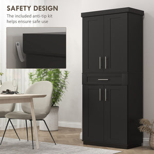72" Storage Cabinet, Freestanding Kitchen Pantry Cabinet with 4 Doors, Drawer and 3 Adjustable Shelves, Black