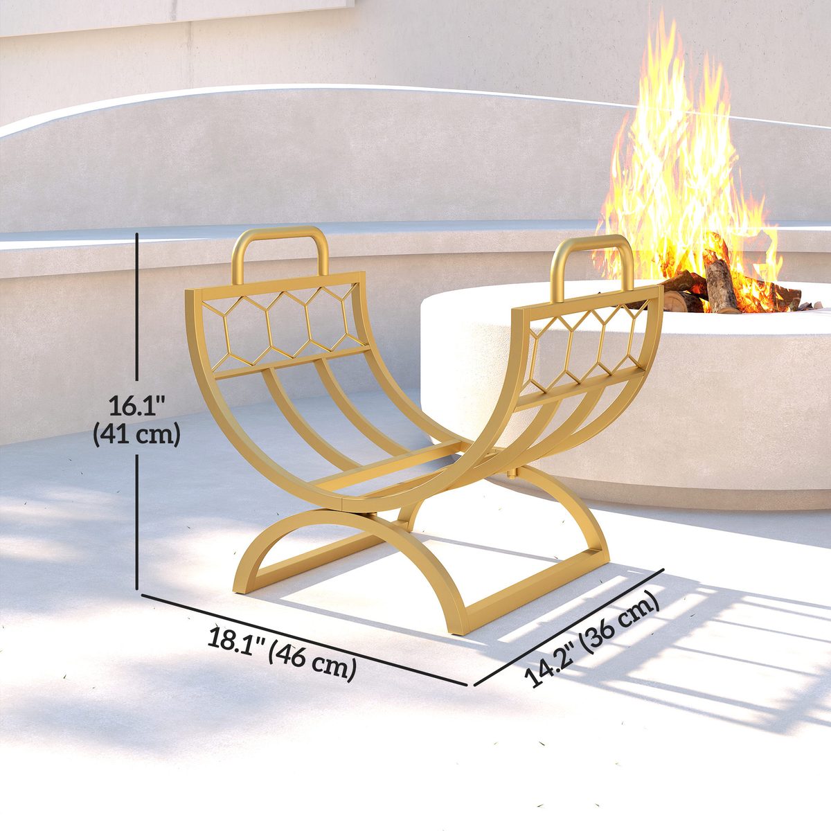Firewood Rack Outdoor, Heavy Duty Log Holder with Handles for Indoor Outdoor Fireplace Storage 18" x 14" x 16", Gold
