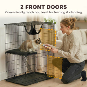 2-Tier Cat Cage Indoor, Detachable Metal Wire Kennel with Hammock, Platform, Tray and Cushion for 1-2 Kittens