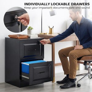 2 Drawer File Cabinet with Lock, Vertical Filing Cabinet with Adjustable Hanging Bars for A4 and Letter Size, Black
