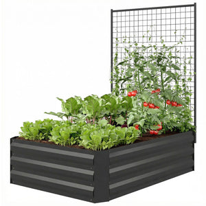 Galvanized Raised Garden Bed with Trellis for Climbing Plants, Outdoor Planter Box with Open Bottom, Black