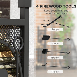 2-Tier Firewood Rack with Shovel, Broom, Poker, Tongs, Side Hooks, Log Holder for Fireplace, Outdoor Indoor Wood Storage Stacker, 21.7" x 12.6" x 30.3", Black