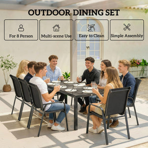 9 Pieces Patio Set with Stackable Chairs, Patio Dining Set with Glass Top for Garden, Patio, Backyard, Black