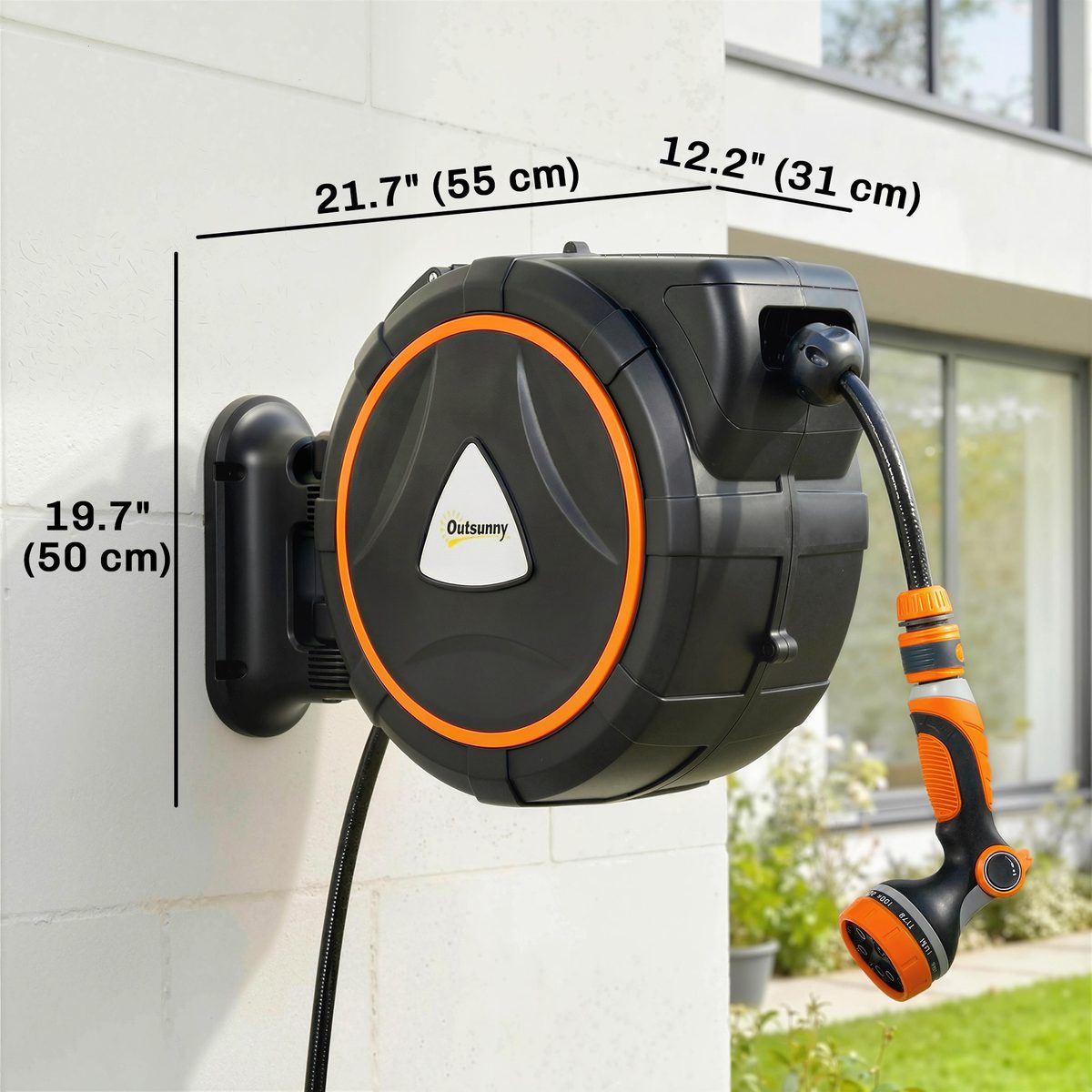 Retractable Garden Hose Reel, 1/2" x 92ft Wall Mounted Hose Reel with 12-Pattern Nozzles, Auto Retraction, Self-Locking
