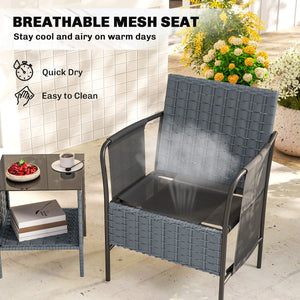 3 Piece Wicker Patio Furniture Set, Outdoor Bistro Set, Side Pockets, Mesh Seat, 2 Tier Glass Table, Cushions, Black