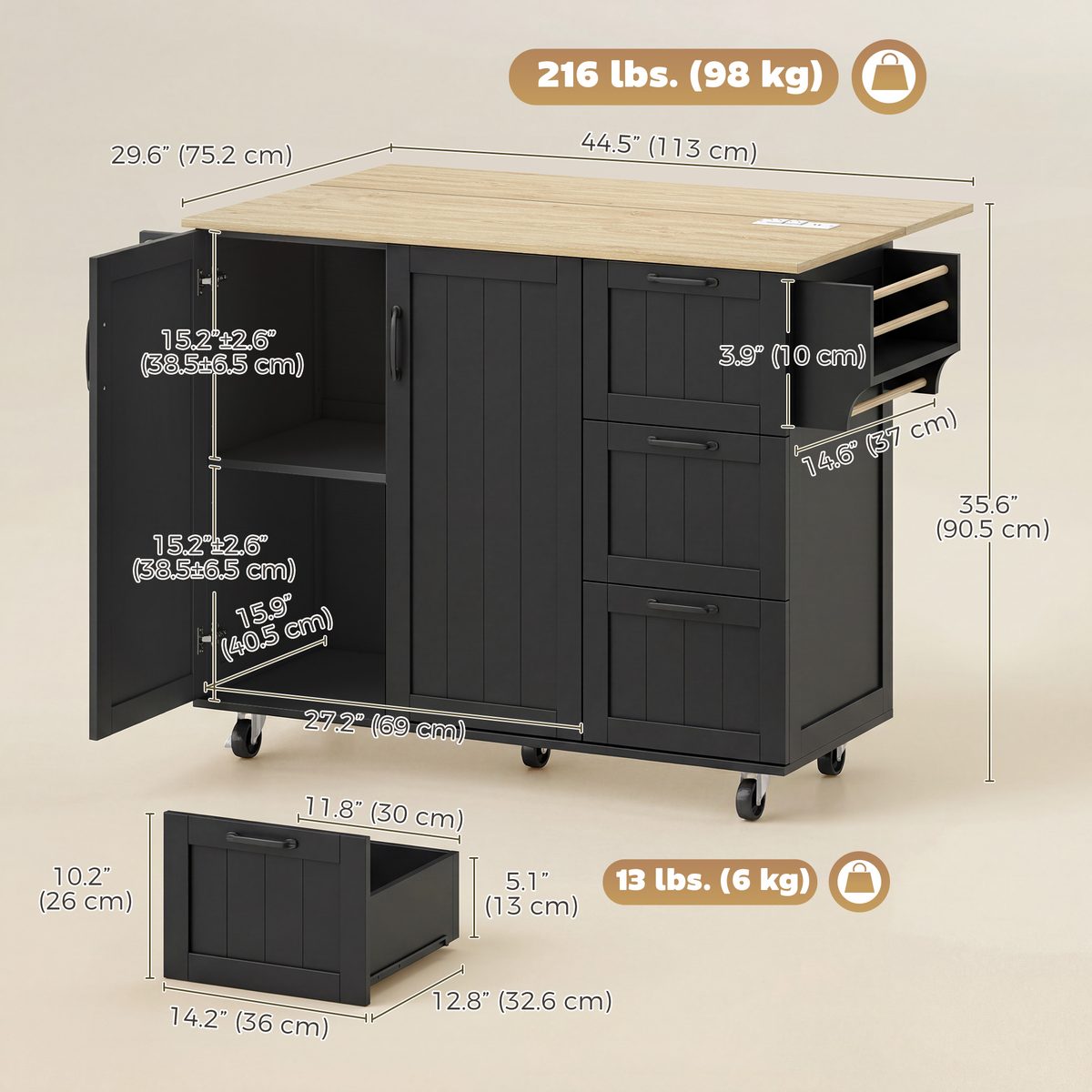 Kitchen Island with Drop Leaf, Rolling Kitchen Cart with Power Outlet, Cabinet, 3 Drawers, Spice Rack, Towel Bar, Black
