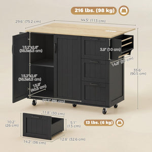 Kitchen Island with Drop Leaf, Rolling Kitchen Cart with Power Outlet, Cabinet, 3 Drawers, Spice Rack, Towel Bar, Black