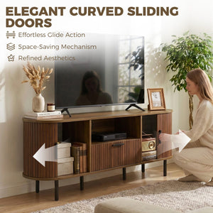 TV Stand for TVs up to 60", Modern Entertainment Center with Curved Sliding Doors and Storage, Brown