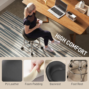 PU Leather Rolling Stool, Height Adjustable Swivel Salon Chair with Backrest and Foot Rest for Spa, Tattoo, Black