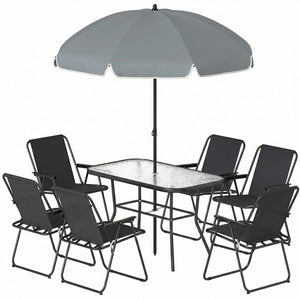 8 Piece Patio Table and Chairs Set with Folding Chairs, Tempered Glass Tabletop and Umbrella for Garden, Black