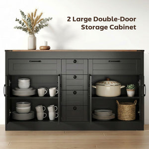 Sideboard Buffet Cabinet, 55" Farmhouse Kitchen Cabinet with 4 Barn Doors, 6 Drawers and 2 Adjustable Shelves, Black