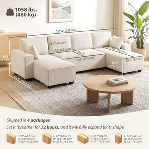 Modular U Shaped Couch, Sectional Sofa with Double Chaises and Spring Cushions, Beige