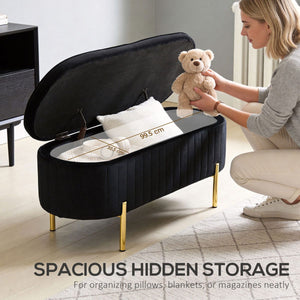Upholstered Bedroom Bench, Channel Tufted Ottoman Bench with Thick Padding and Metal Legs, Black