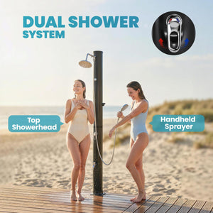10.6 Gal Solar Heated Shower, 7.2 FT Outdoor Shower with 2 Shower Heads, Adjustable Temperature, Foot Faucet