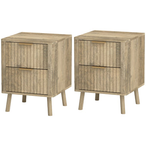 Night Stands Set of 2, Nightstands with Finger Pulls and Fluted Drawers, Bedside Tables with Round Edges, Oak