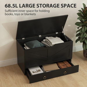 31.5 Inches Storage Chest, Storage Trunk with 2 Safety Hinges for Living Room, Black Wood Grain