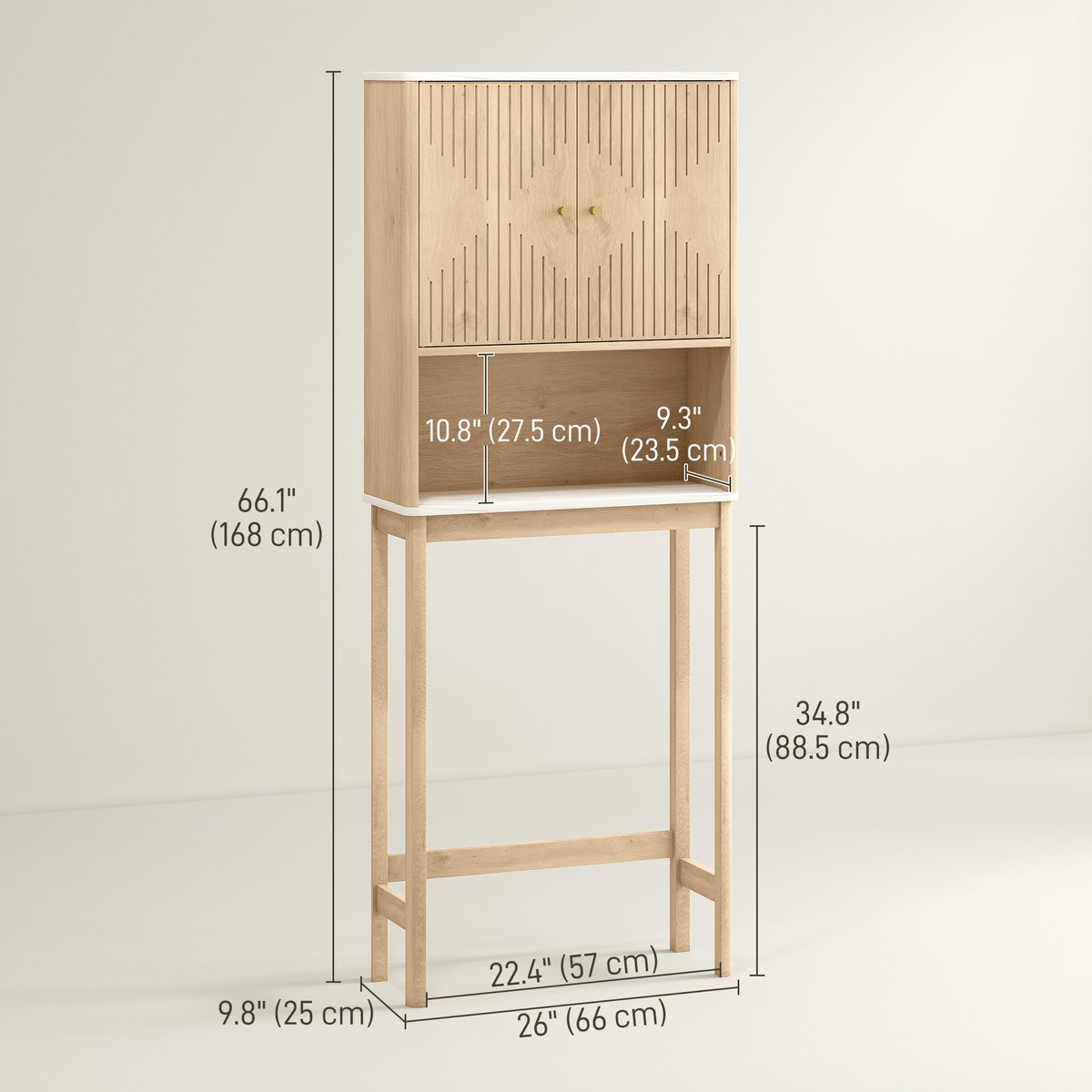 Over The Toilet Storage Cabinet with Adjustable Shelf, Open Shelf and Adjustable Bottom Bar, Oak