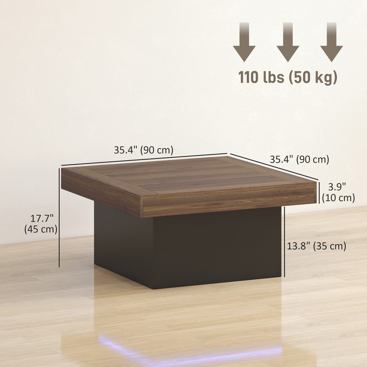Square Coffee Table with 16-Colour LED Lights, 35-inch Modern Center Table for Living Room, Walnut
